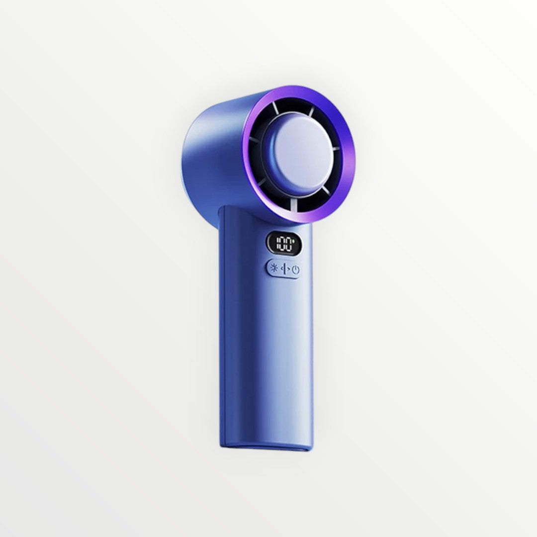 Blue handheld fan with purple accents on a white background