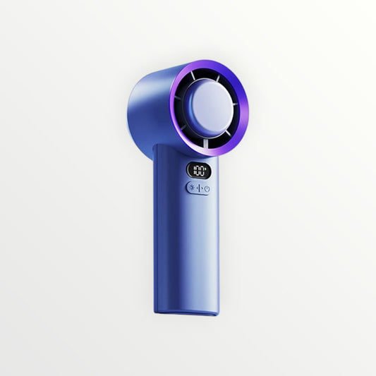 Blue handheld fan with purple accents on a white background