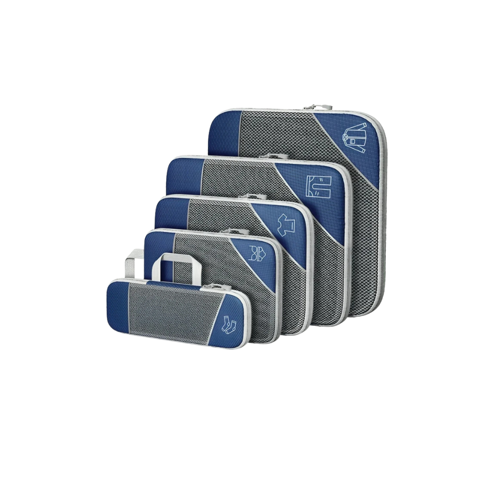 Set of blue and gray packing cubes on a white background