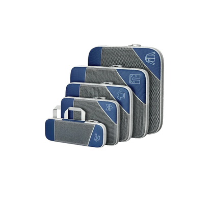 Set of blue and gray packing cubes on a white background