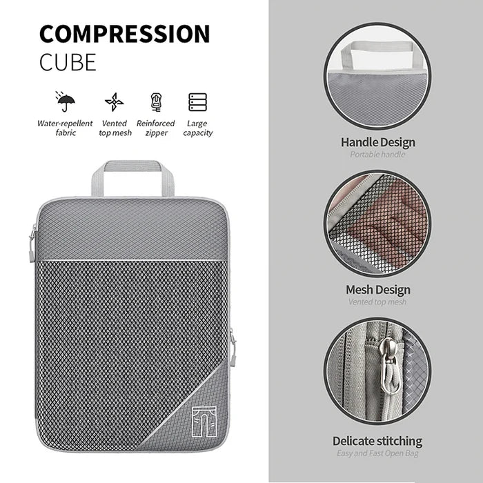 Compression cube with features highlighted on a gray background
