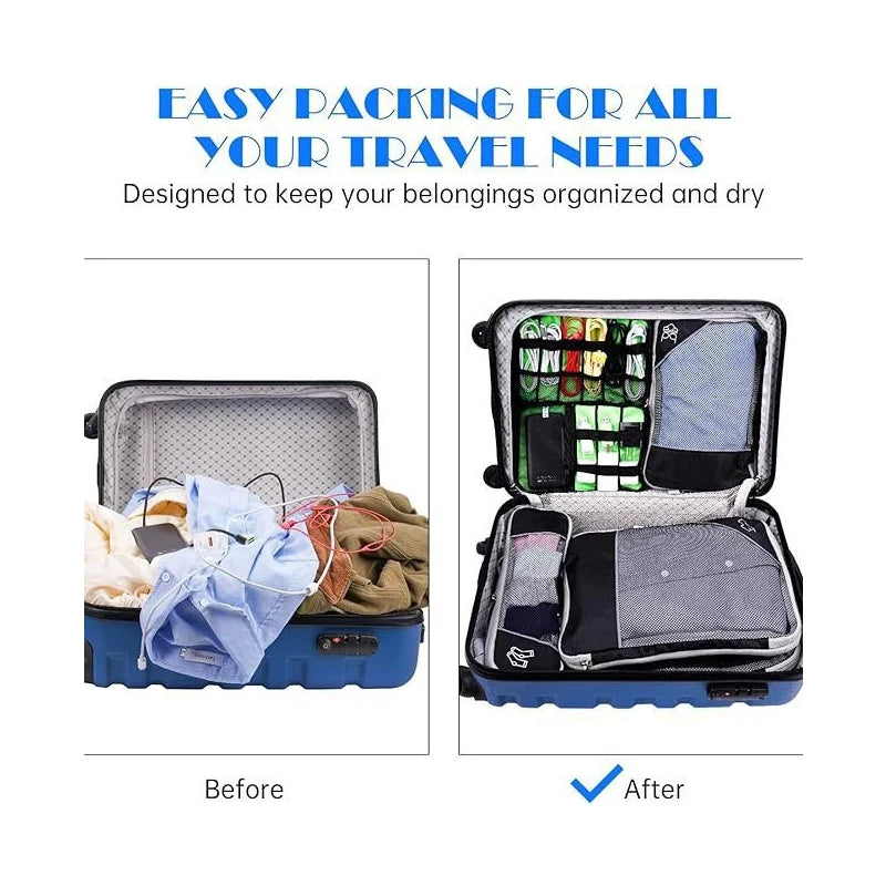 two suitcases, one is messy and one is neatly packed using packing cubes
