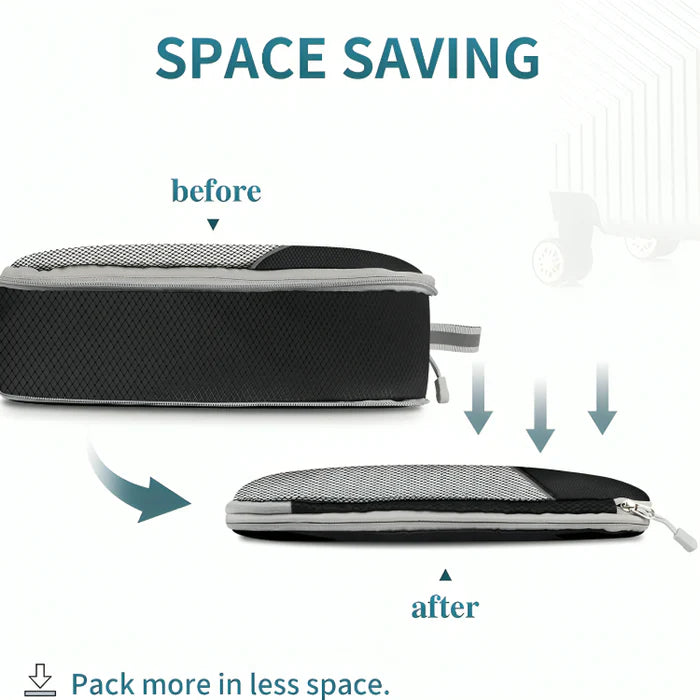 Space-saving compression bag with before and after illustration on a white background