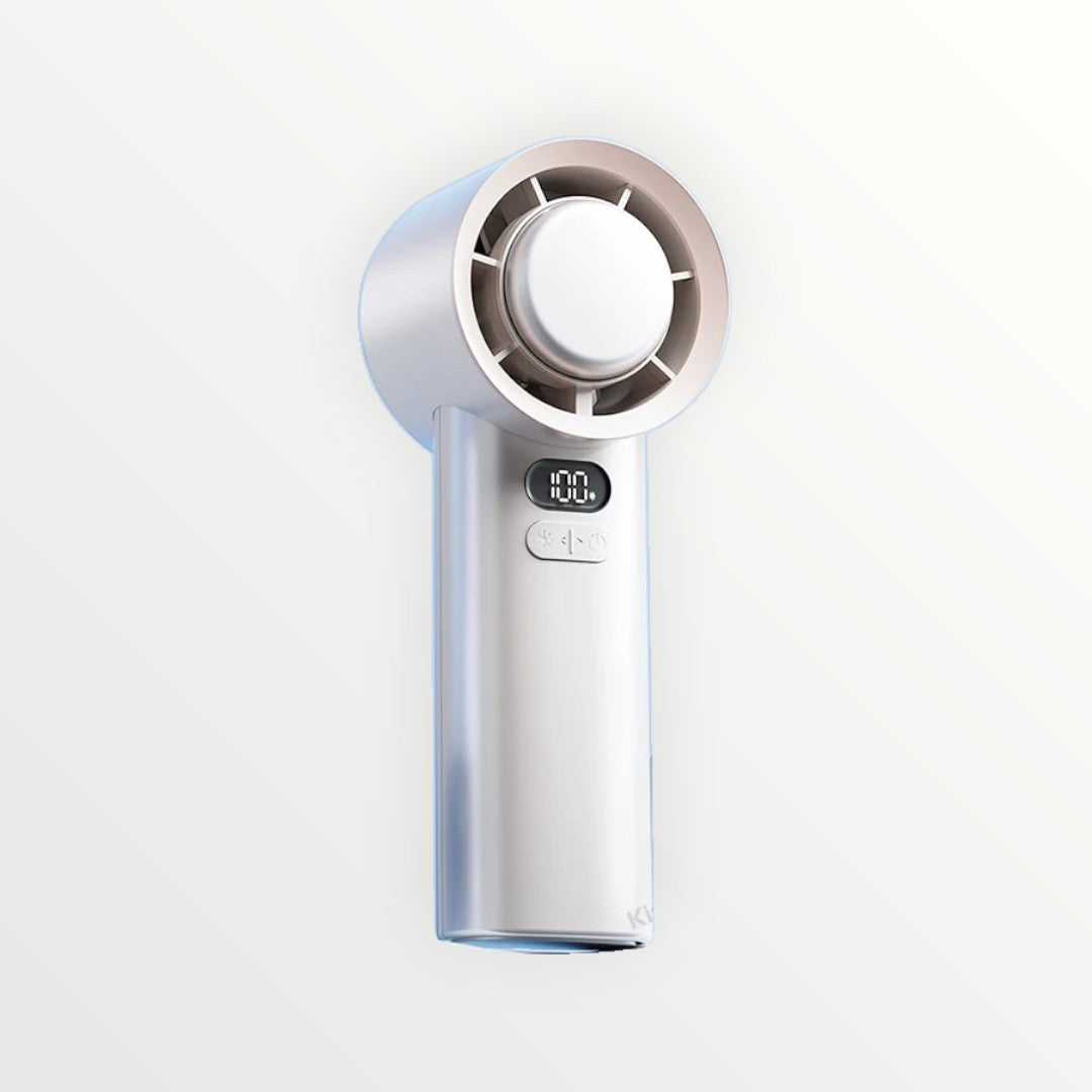 Handheld fan with digital display on a white background