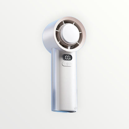 Handheld fan with digital display on a white background