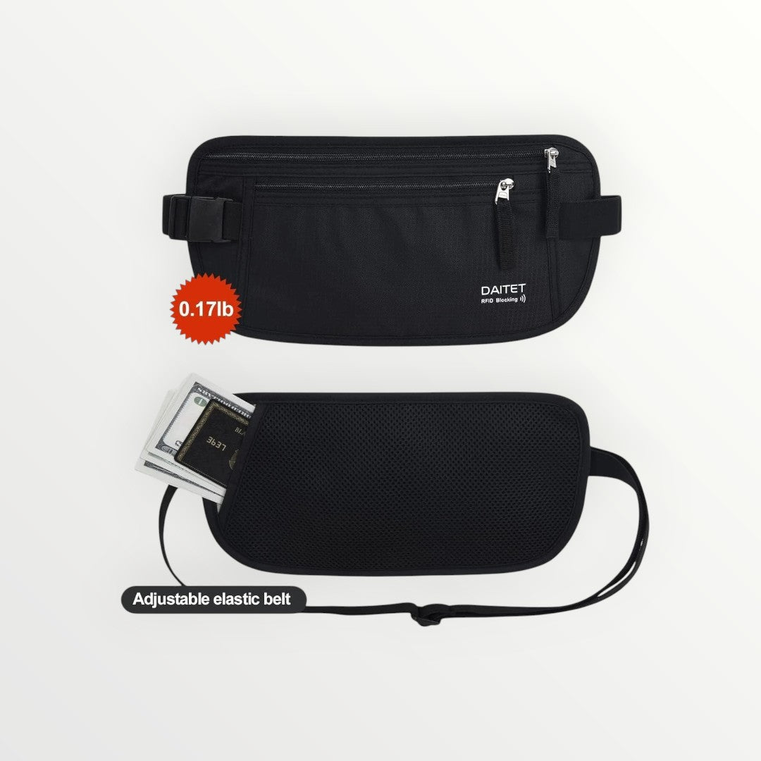 Two black waist bags with adjustable elastic belts on a white background