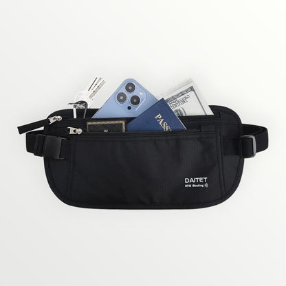 Black waist bag with items like a phone and money on a white background