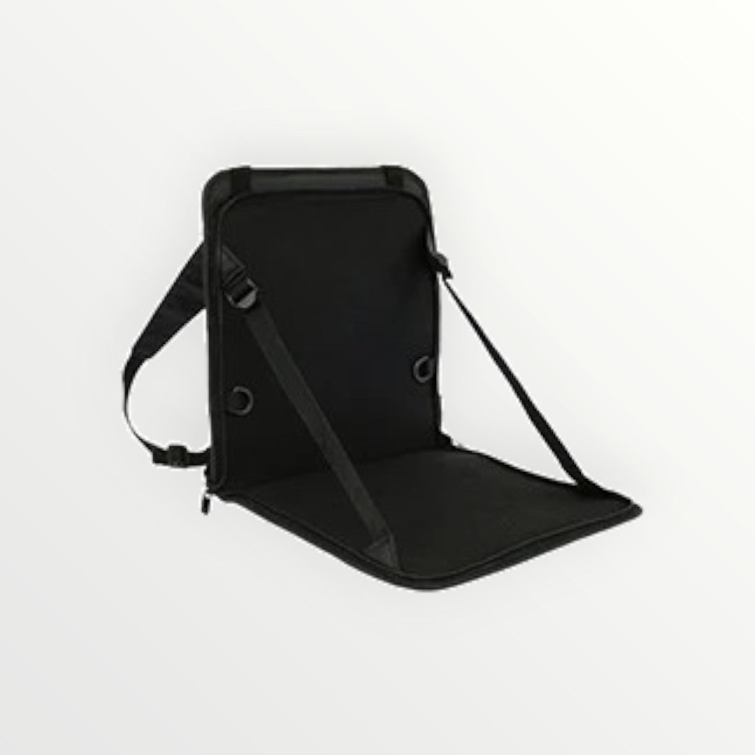 Black backpack with a seat pad on a white background