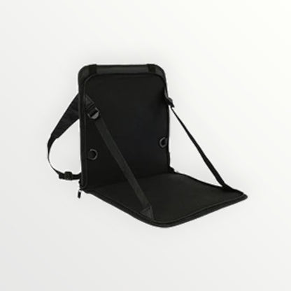 Black backpack with a seat pad on a white background