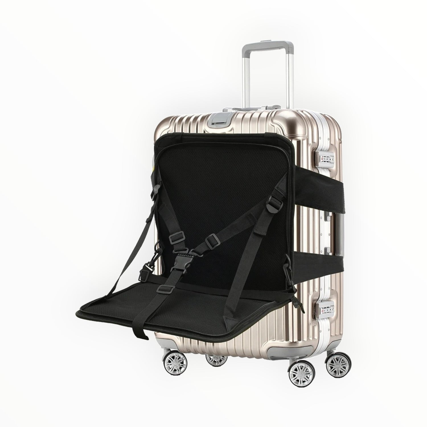 Silver suitcase with a black seat pad and straps on a white background