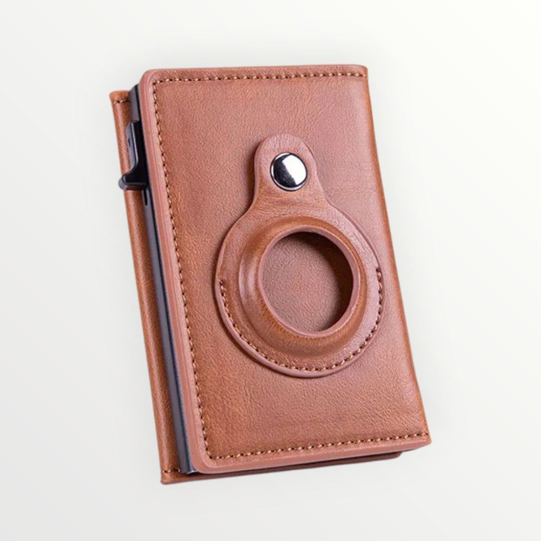 Brown leather phone case with a circular design on a white background