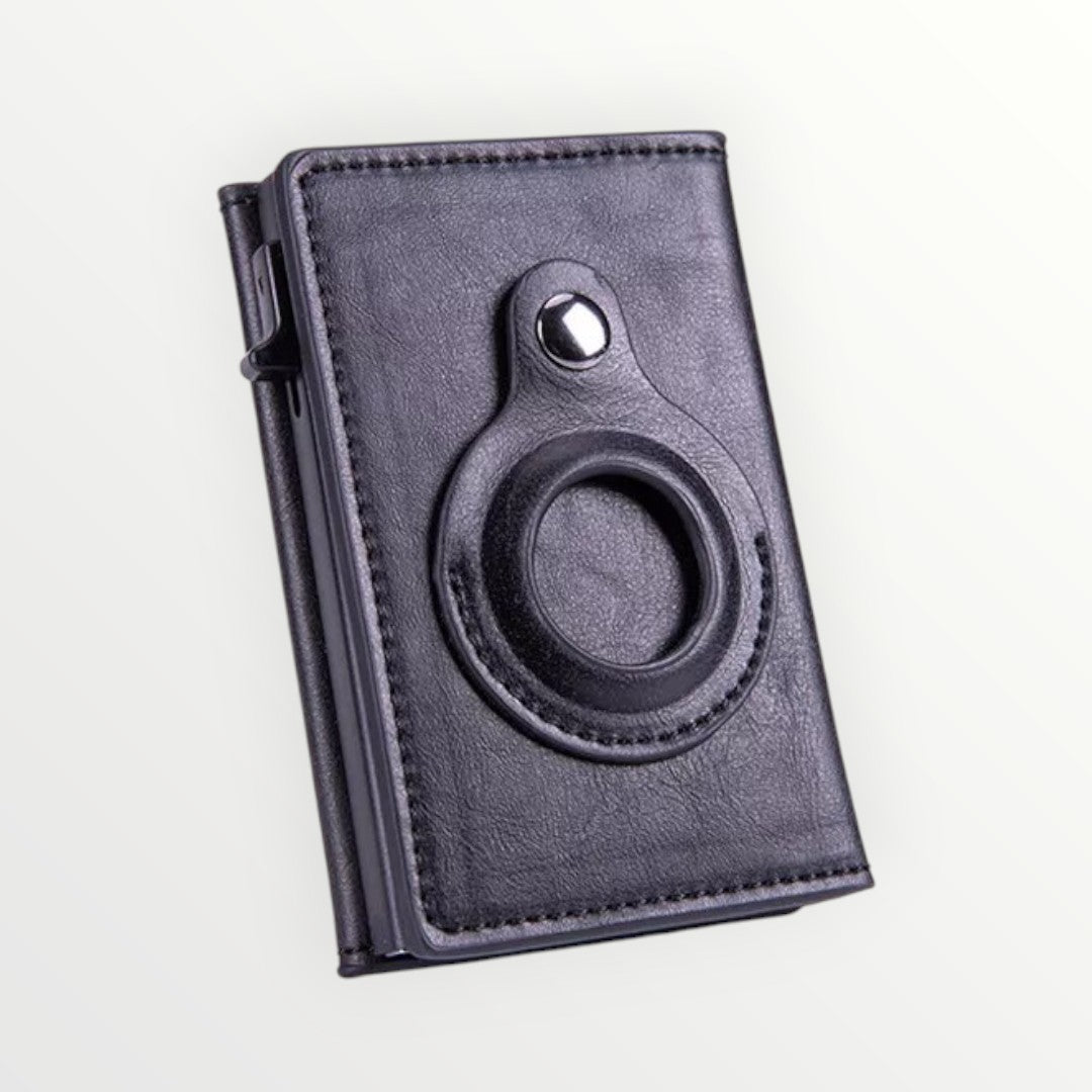 Black leather notebook with a circular design on a white background