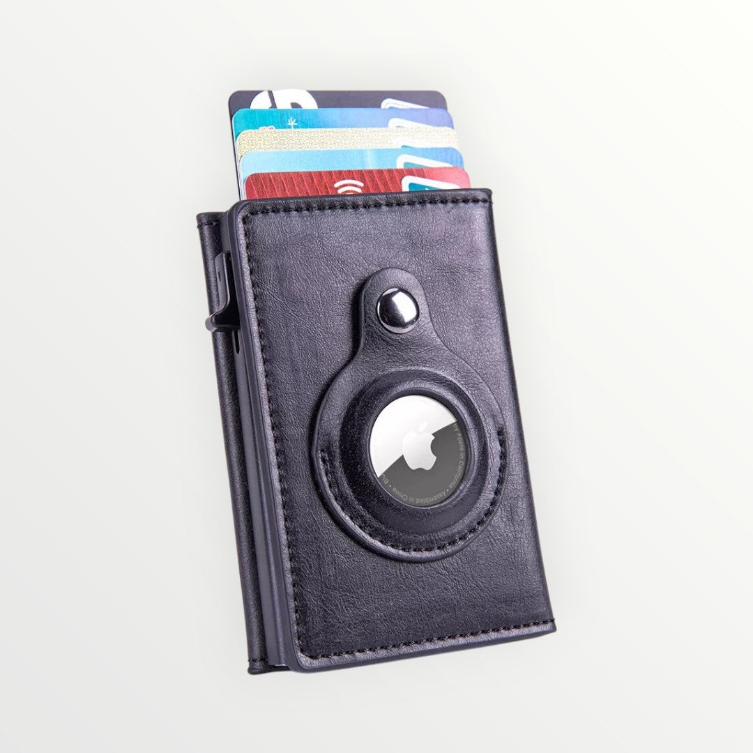 Black cardholder with a metallic clasp on a white background