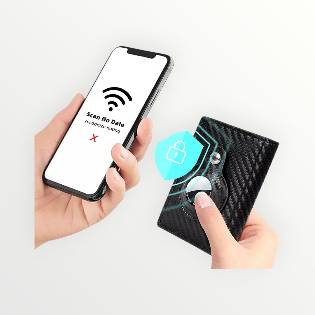 Hand holding a smartphone with a screen displaying a lock icon and text, next to a black wallet.