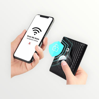 Hand holding a smartphone with a screen displaying a lock icon and text, next to a black wallet.
