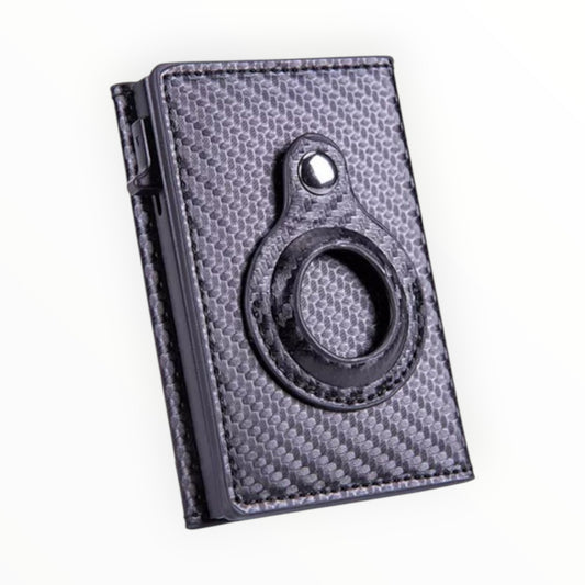 Black leather wallet with a circular card holder on a white background
